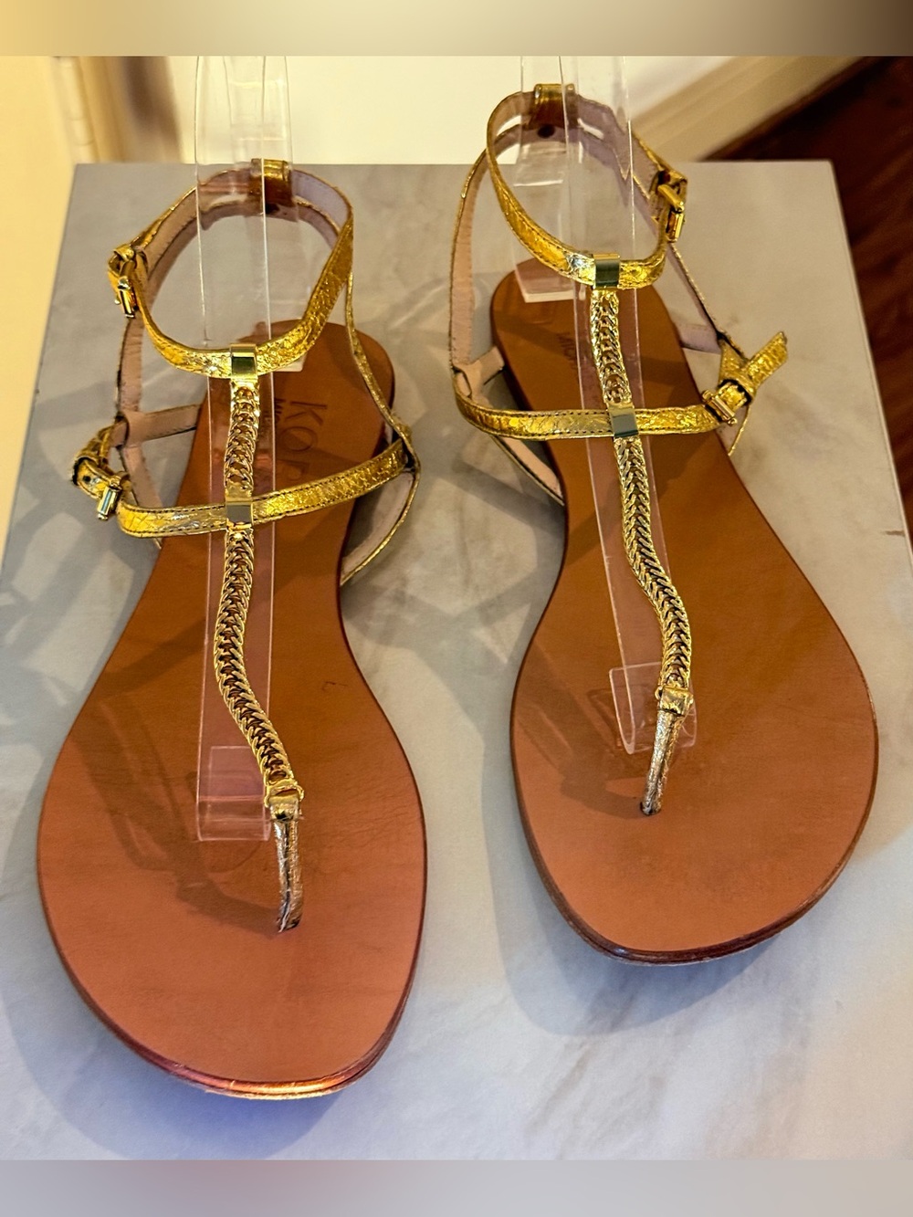 Michael Michael Kors Gold Braided T-Strap Sandals